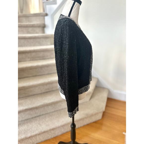 Vintage Old Money Black Silk Faux Pearl Trim Beaded Blazer Evening Jacket - Picture 2 of 9